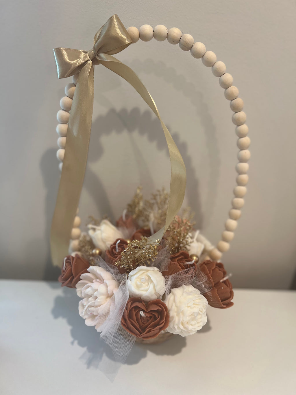 Flower Candle Arrangement basket Wood Bead Hoop Decor