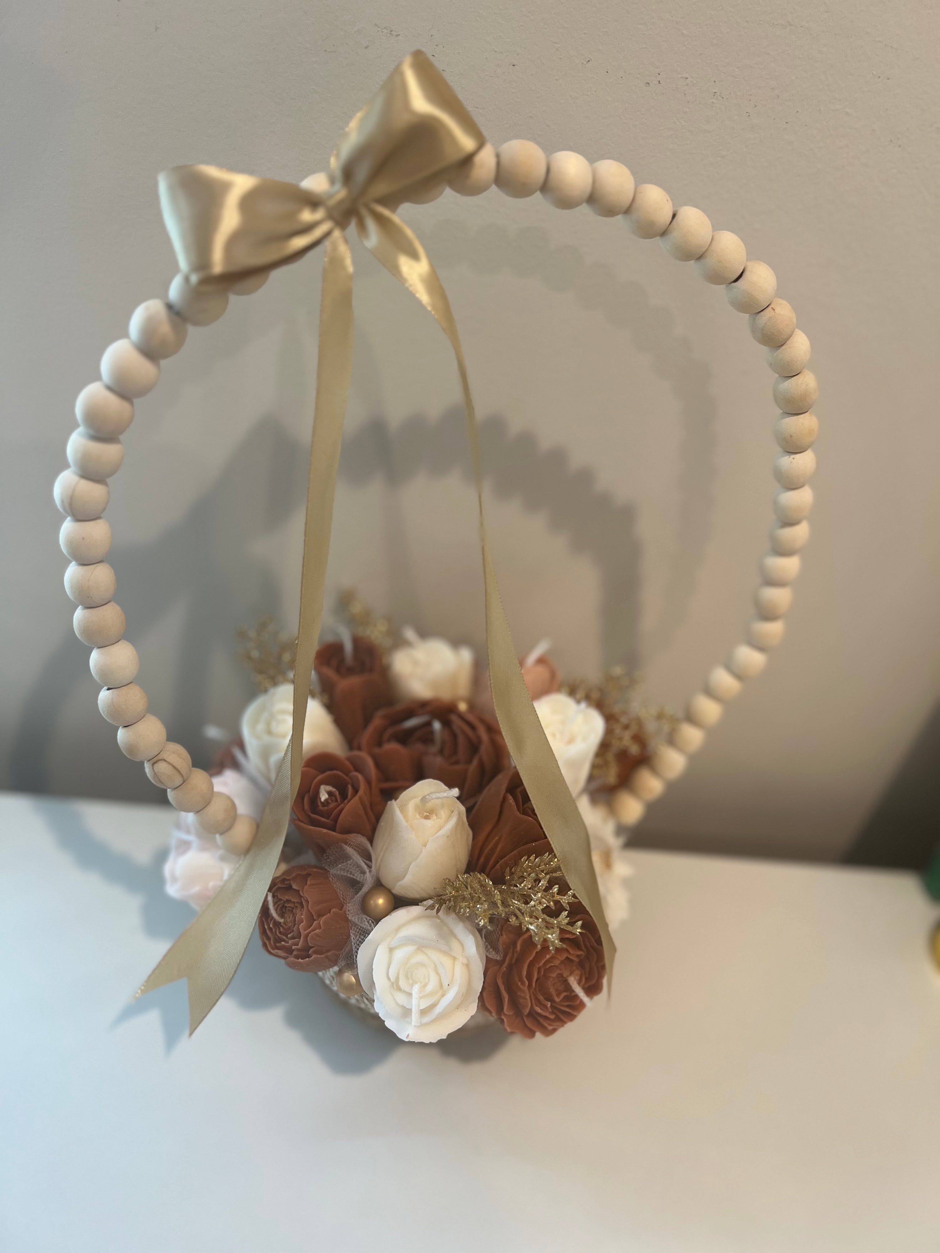 Flower Candle Arrangement basket Wood Bead Hoop Decor
