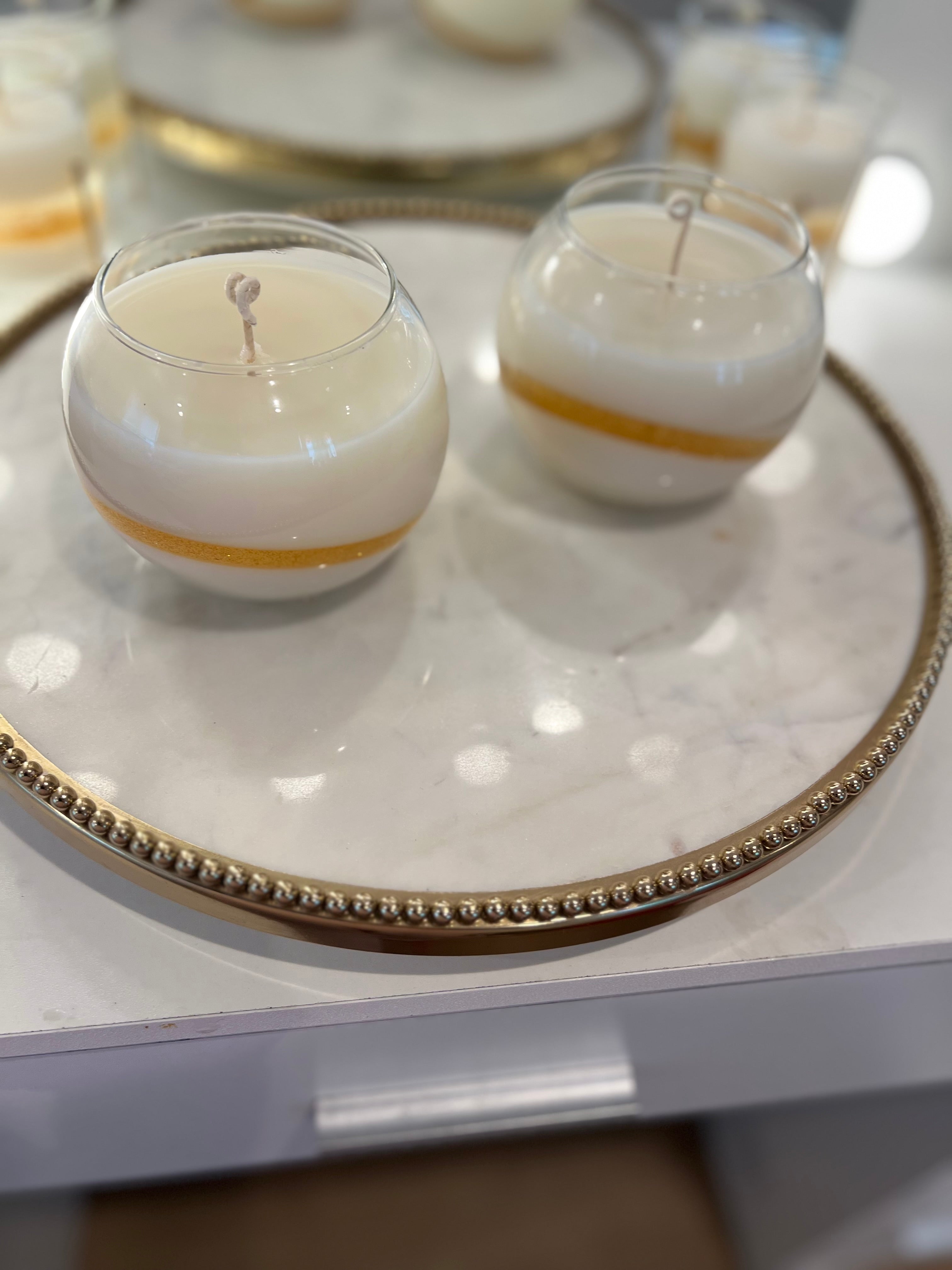 Glass Candles with Gold Glitter Gel Wax Band. Soy and Gel Wax