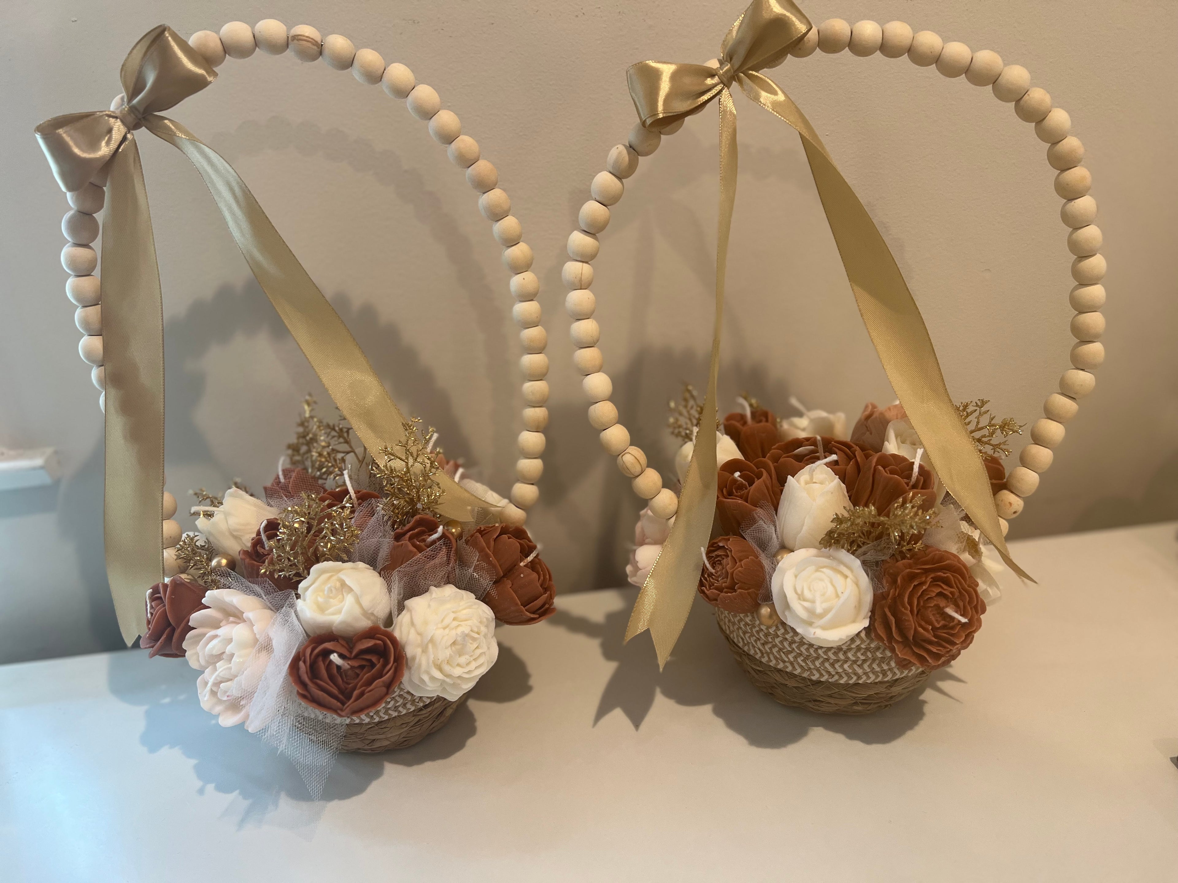 Flower Candle Arrangement basket Wood Bead Hoop Decor