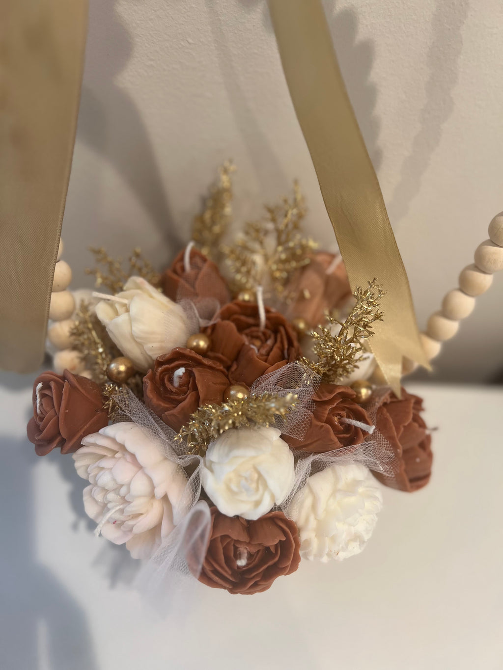 Flower Candle Arrangement basket Wood Bead Hoop Decor
