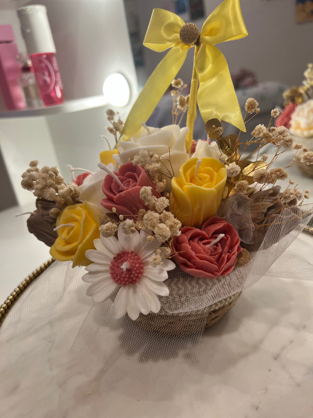 Flower candle basket arrangement
