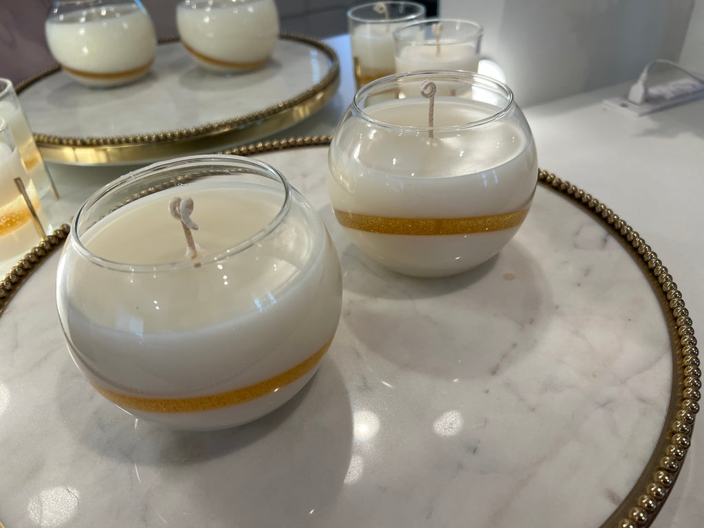 Glass Candles with Gold Glitter Gel Wax Band. Soy and Gel Wax