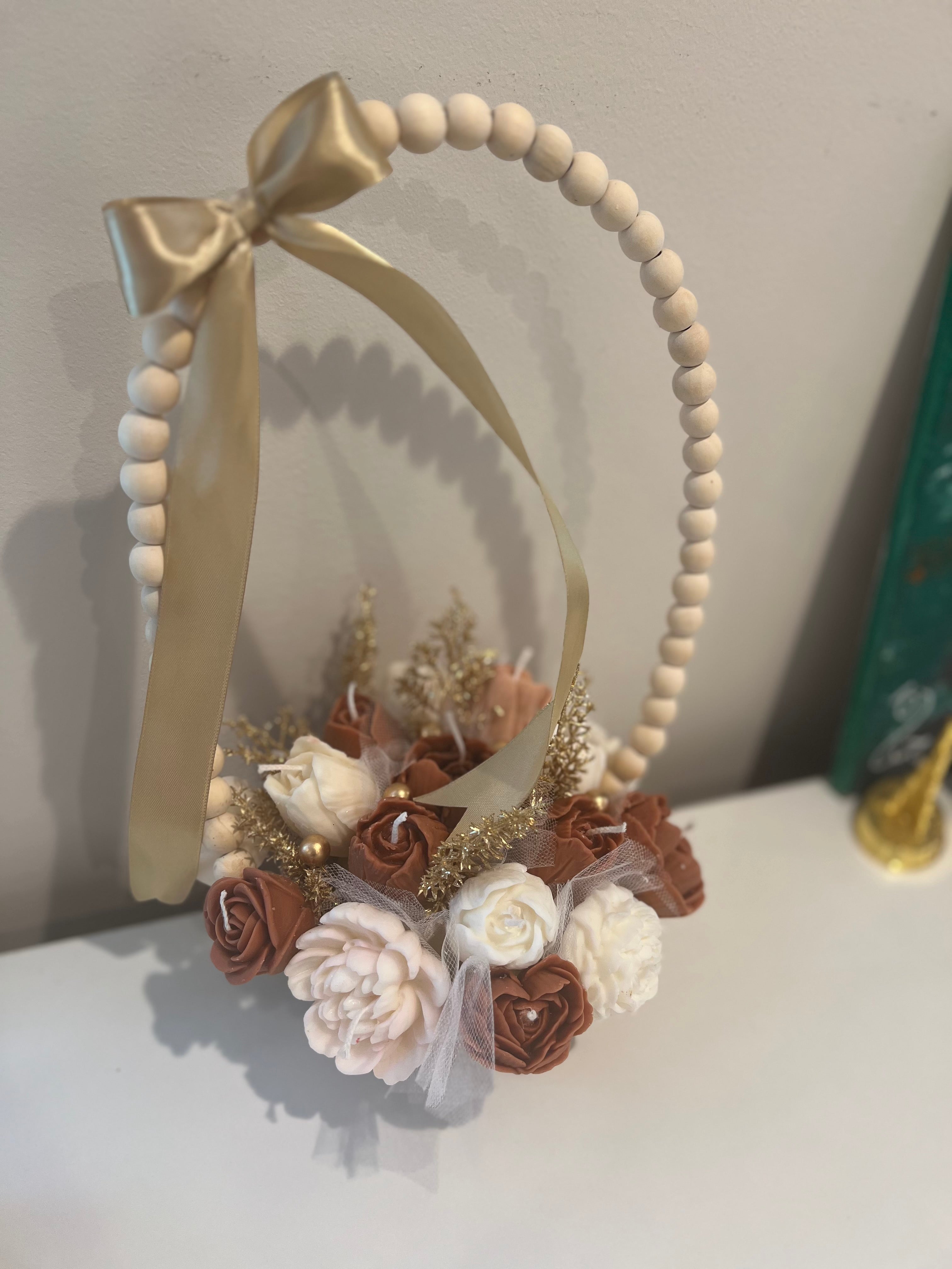 Flower Candle Arrangement basket Wood Bead Hoop Decor