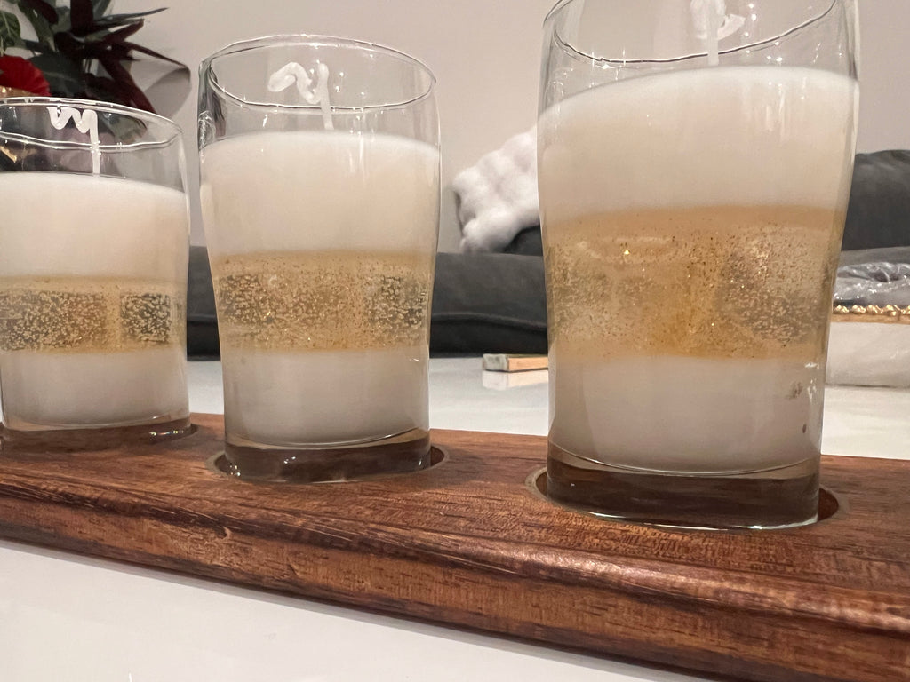 4 Glass Candles with Wooden Holder, unique piece.