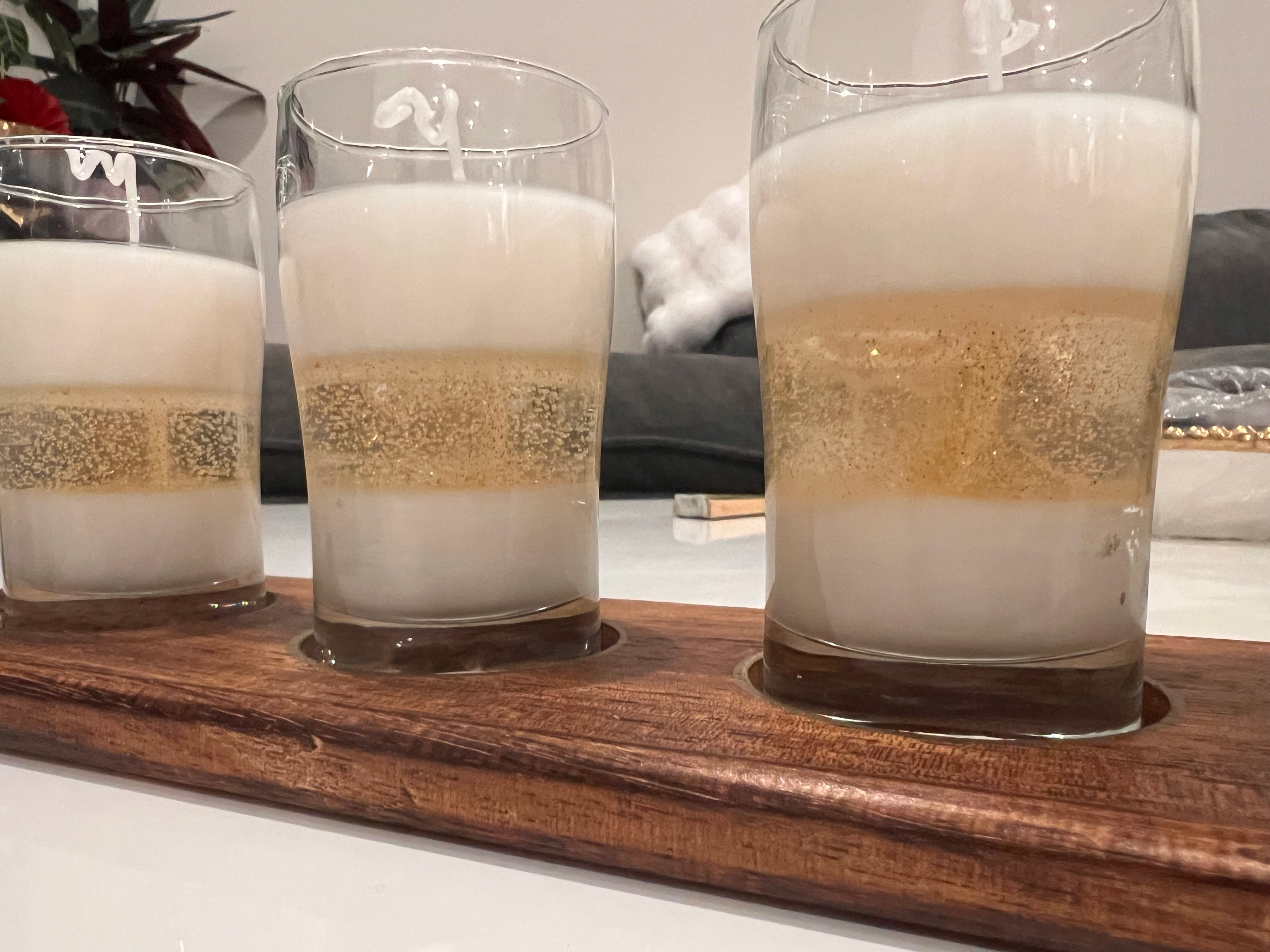 4 Glass Candles with Wooden Holder, unique piece.