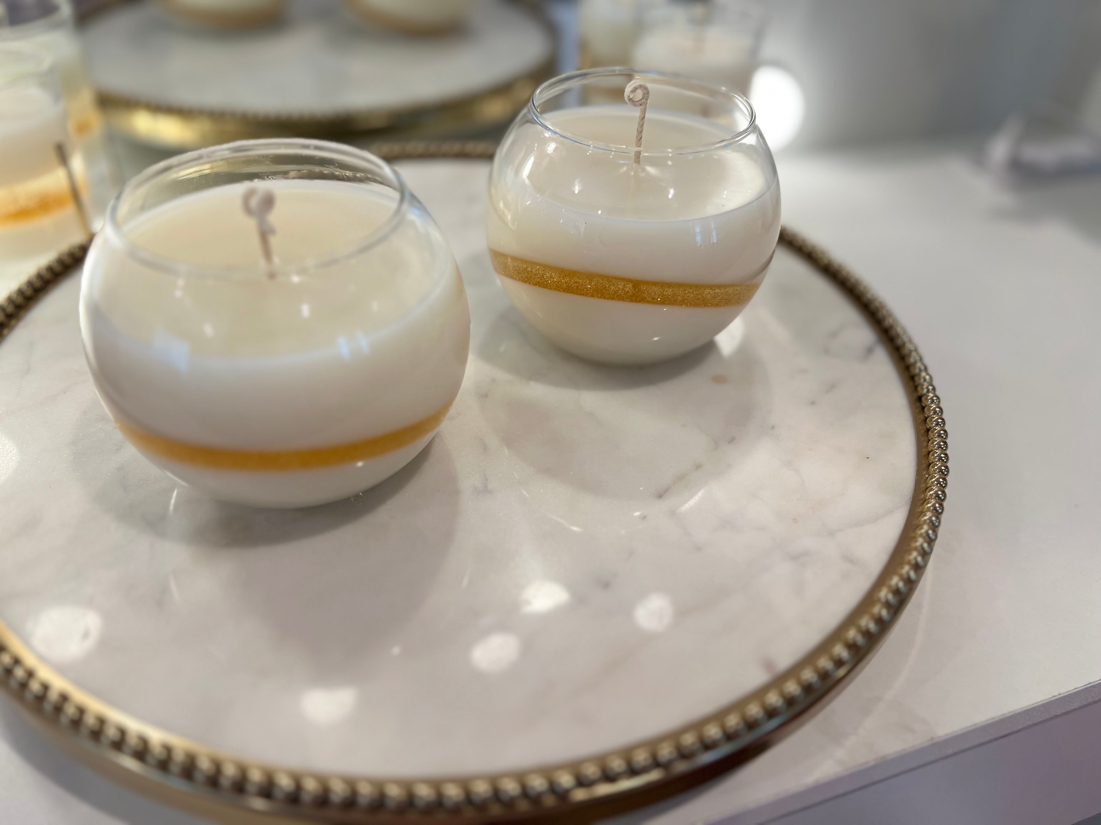Glass Candles with Gold Glitter Gel Wax Band. Soy and Gel Wax