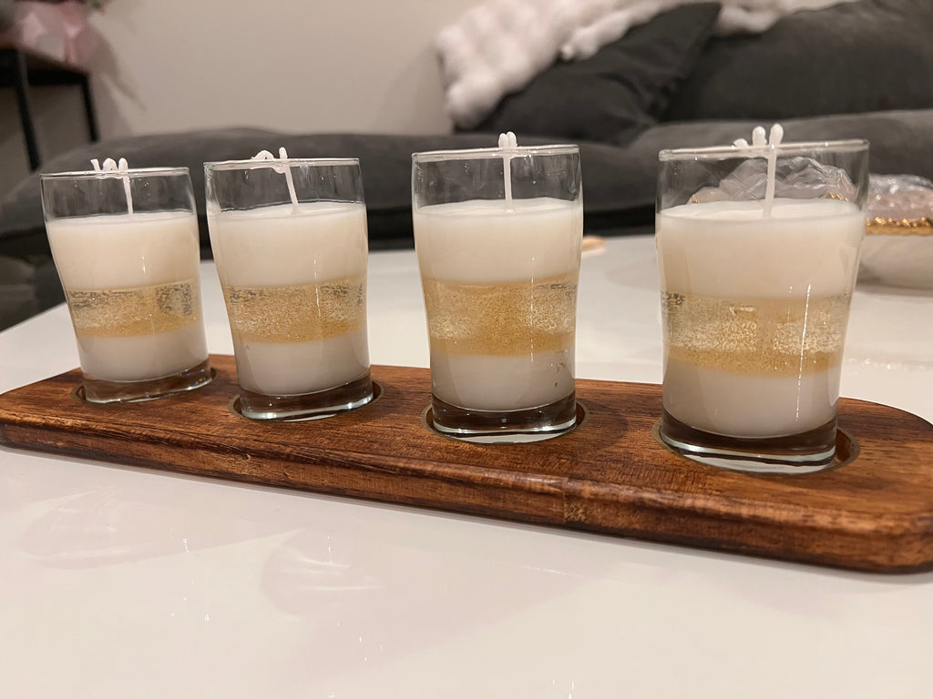 4 Glass Candles with Wooden Holder, unique piece.