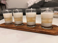 4 Glass Candles with Wooden Holder, unique piece.