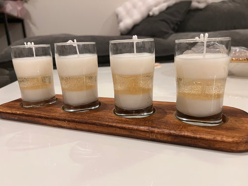 4 Glass Candles with Wooden Holder, unique piece.