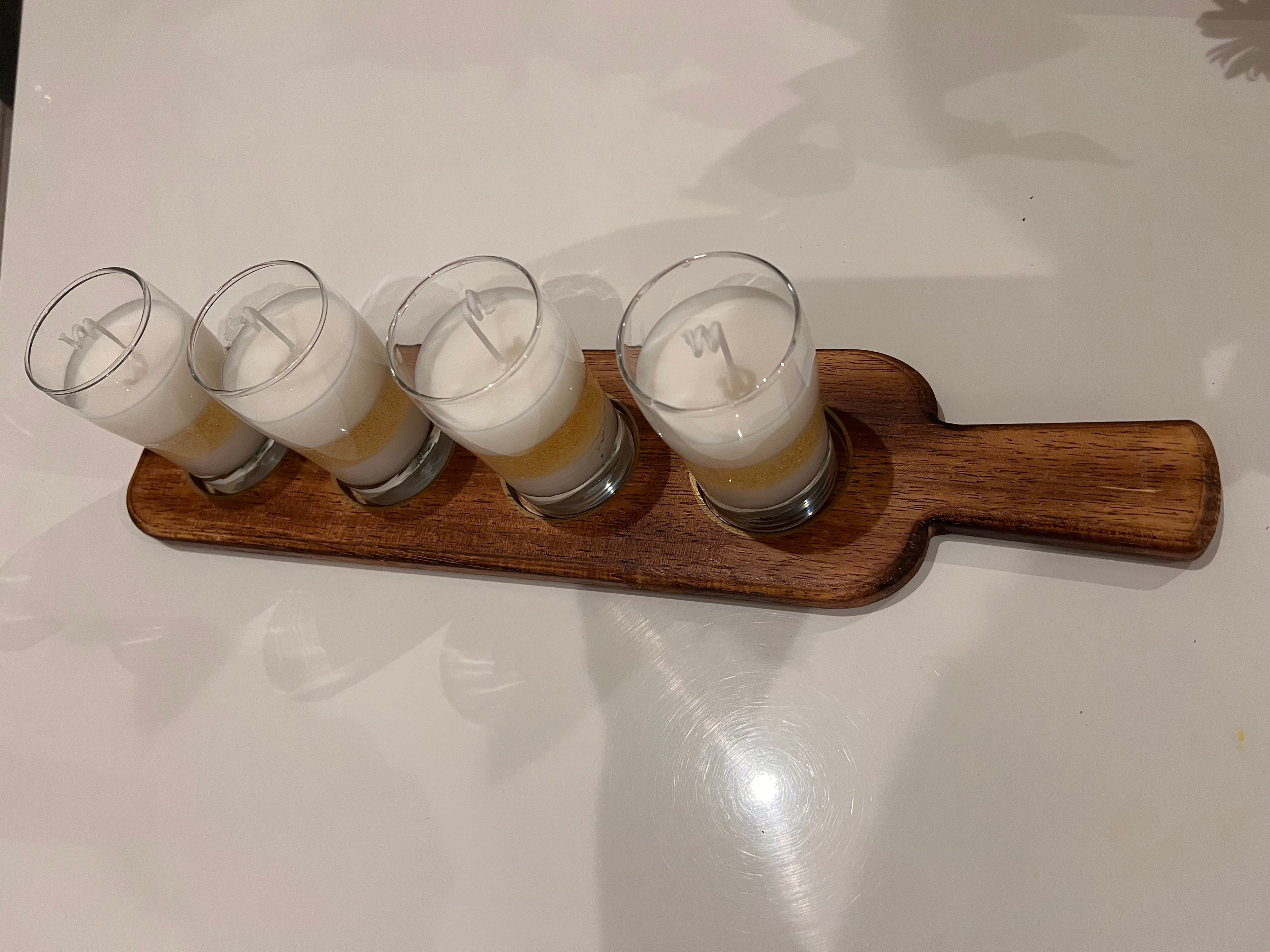4 Glass Candles with Wooden Holder, unique piece.