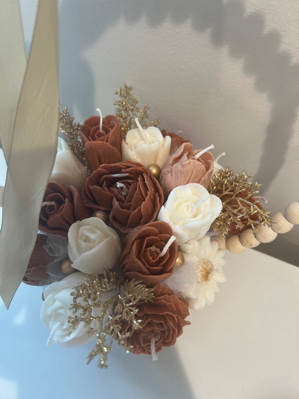 Flower Candle Arrangement basket Wood Bead Hoop Decor