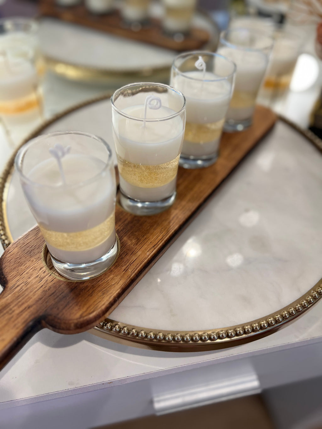 4 Glass Candles with Wooden Holder, unique piece.