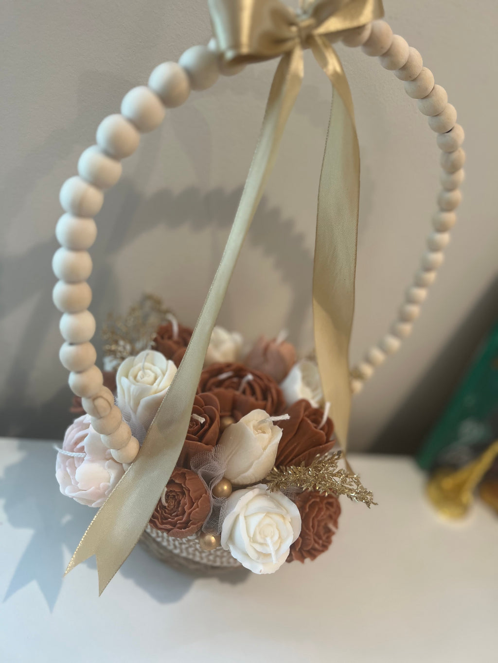 Flower Candle Arrangement basket Wood Bead Hoop Decor