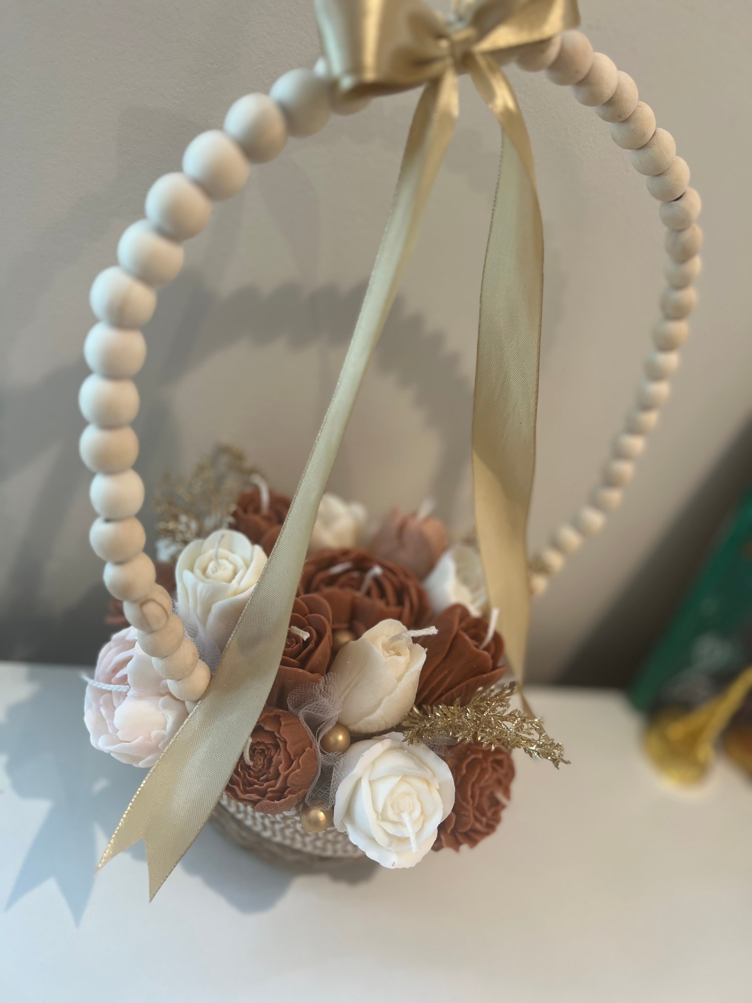 Flower Candle Arrangement basket Wood Bead Hoop Decor