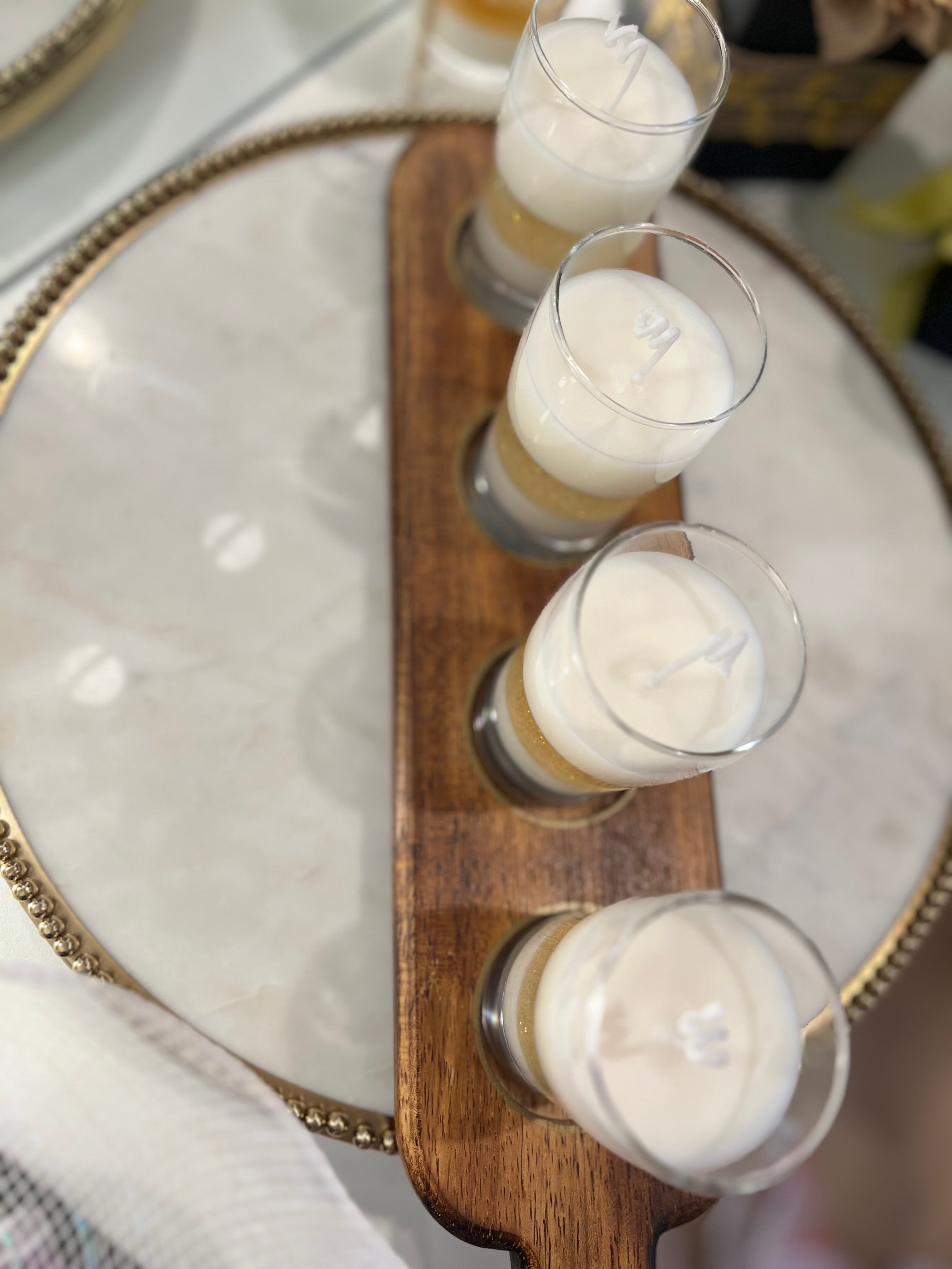 4 Glass Candles with Wooden Holder, unique piece.