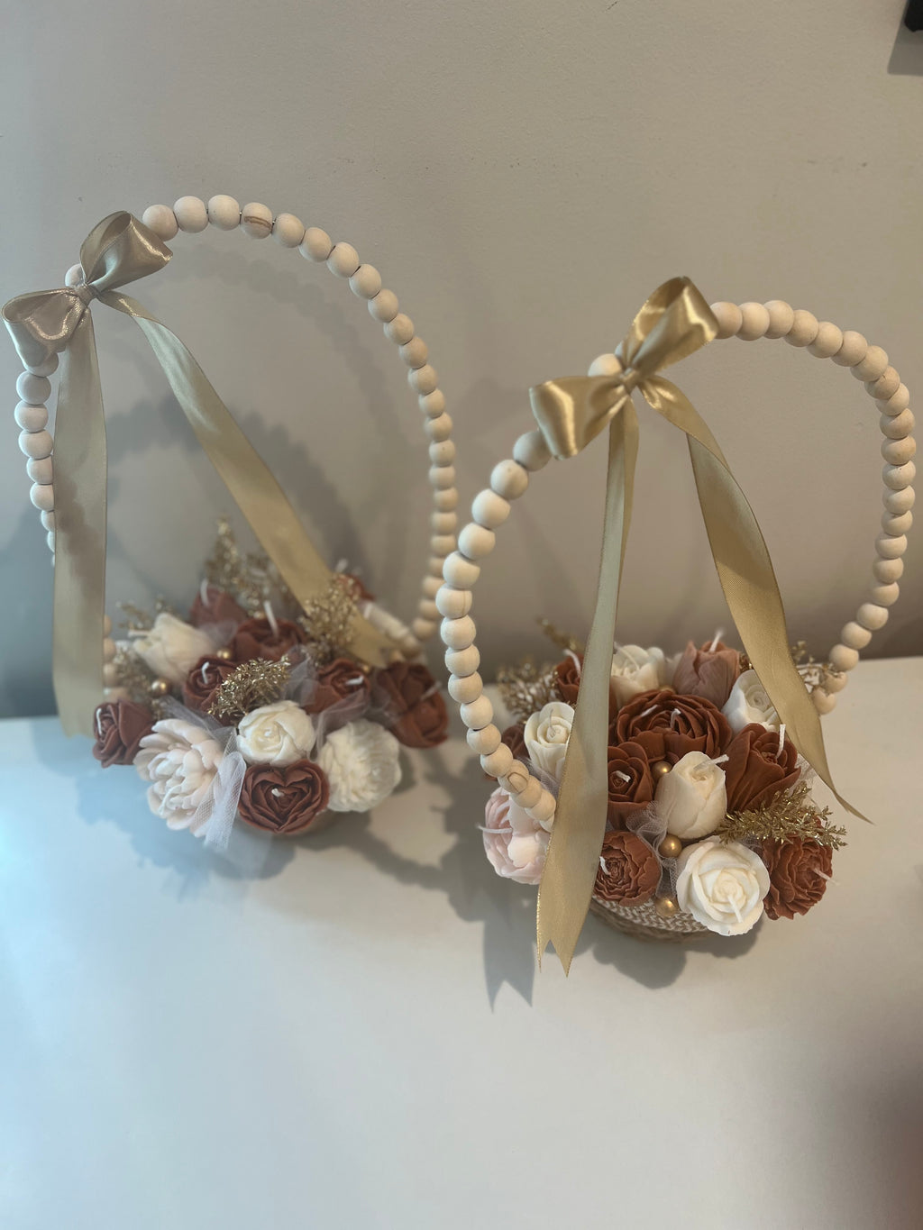 Flower Candle Arrangement basket Wood Bead Hoop Decor