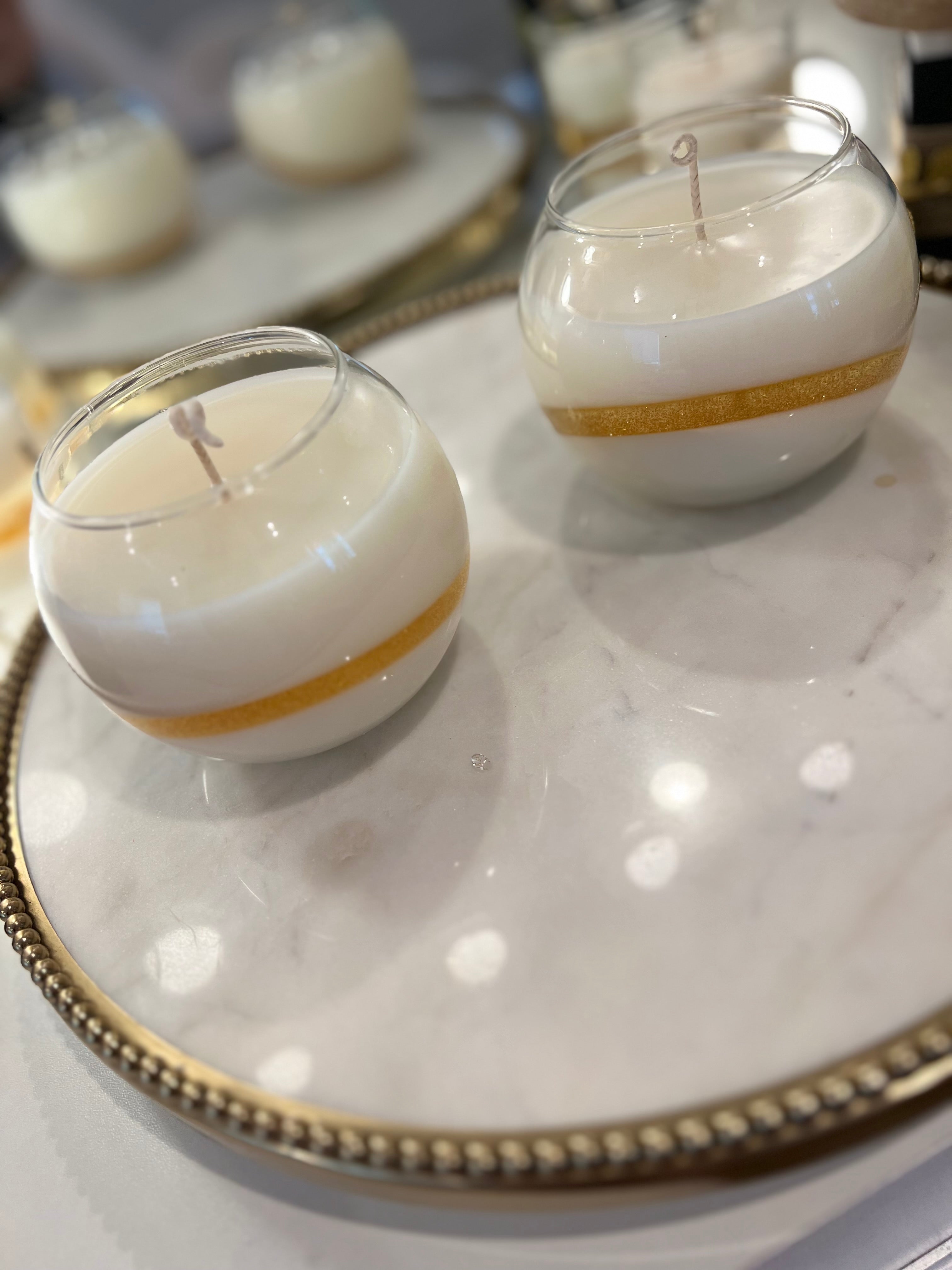 Glass Candles with Gold Glitter Gel Wax Band. Soy and Gel Wax