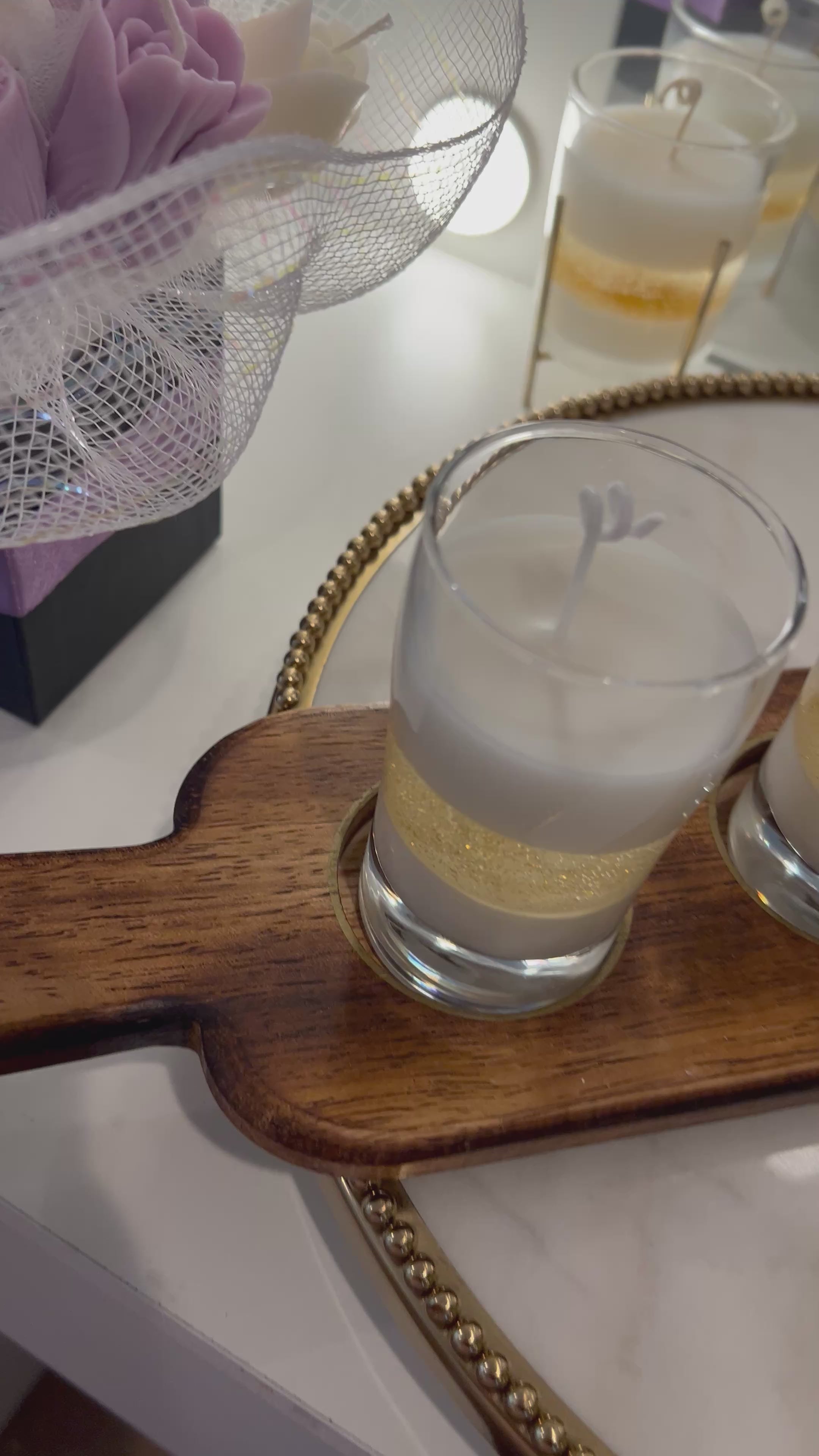 4 Glass Candles with Wooden Holder, unique piece.